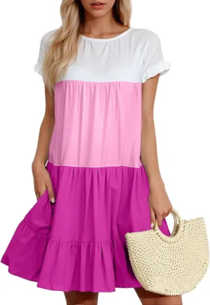 Summer Dresses for Women 2025 Casual Fashion Round Neck Short Sleeve Solid Color Splicing T Shirt Dress