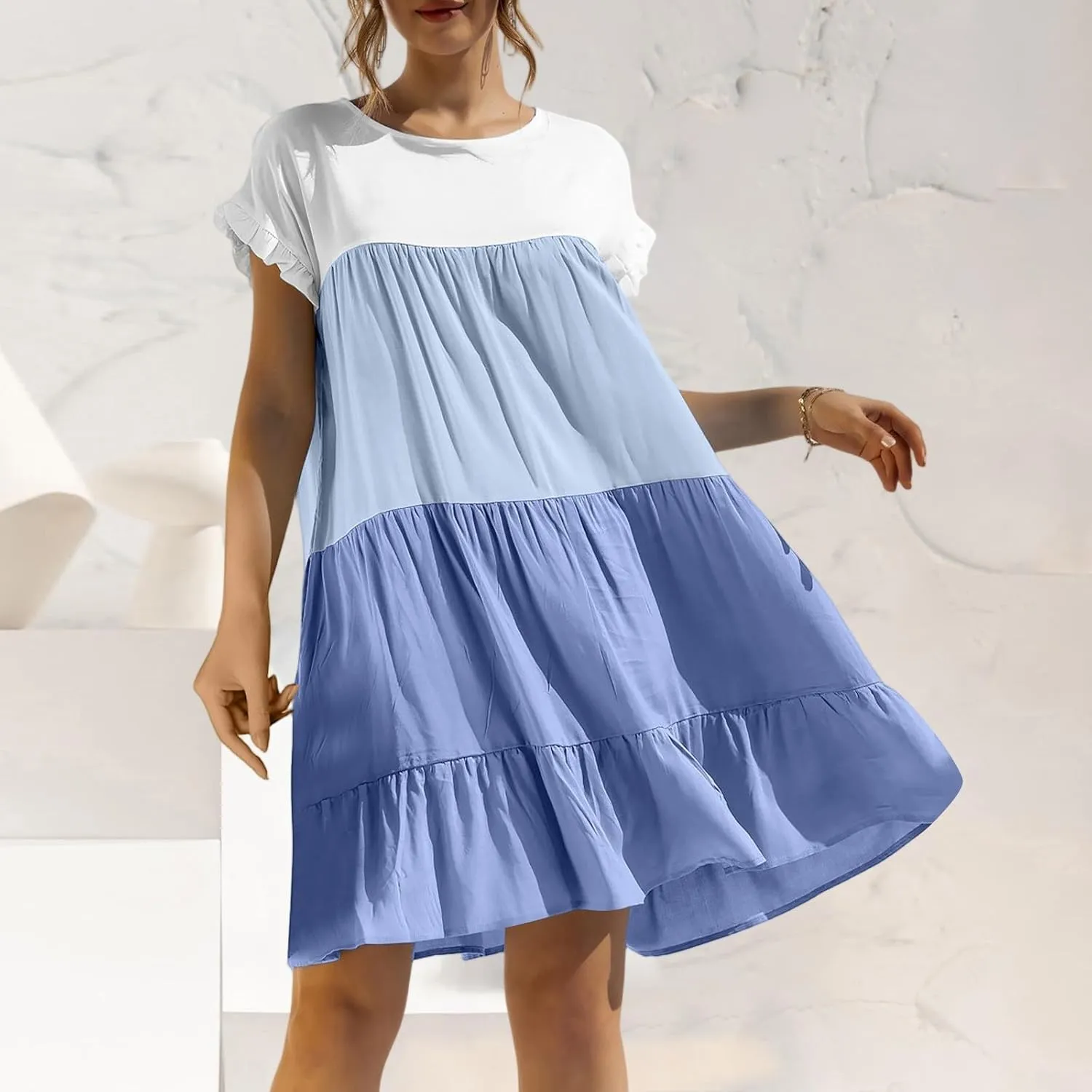 Summer Dresses for Women 2025 Casual Fashion Round Neck Short Sleeve Solid Color Splicing T Shirt Dress