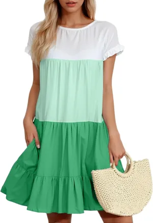 Summer Dresses for Women 2025 Casual Fashion Round Neck Short Sleeve Solid Color Splicing T Shirt Dress