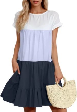 Summer Dresses for Women 2025 Casual Fashion Round Neck Short Sleeve Solid Color Splicing T Shirt Dress