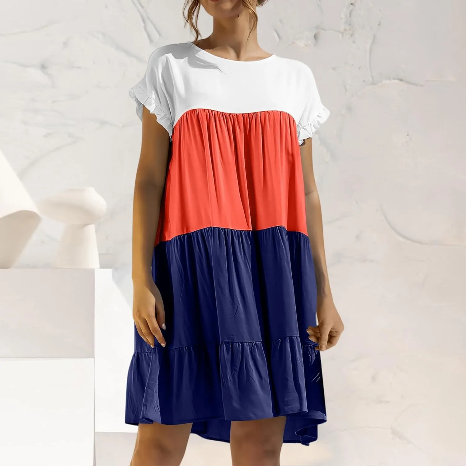 Summer Dresses for Women 2025 Casual Fashion Round Neck Short Sleeve Solid Color Splicing T Shirt Dress