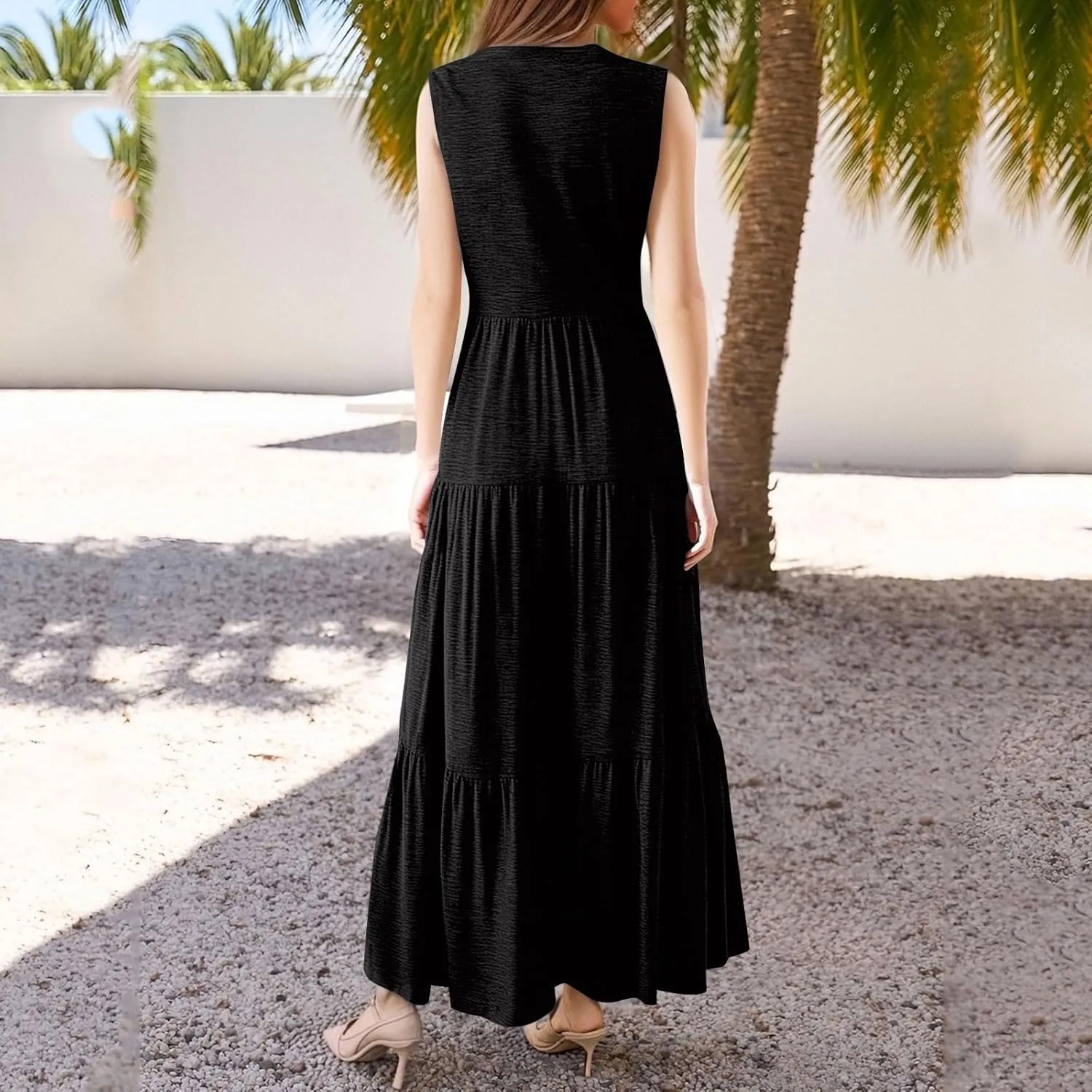 Summer Dresses for Women 2025 Casual Floral Boho Maxi Sundresses Sleeveless V Neck Pleated Beach Vacation Tank Dress