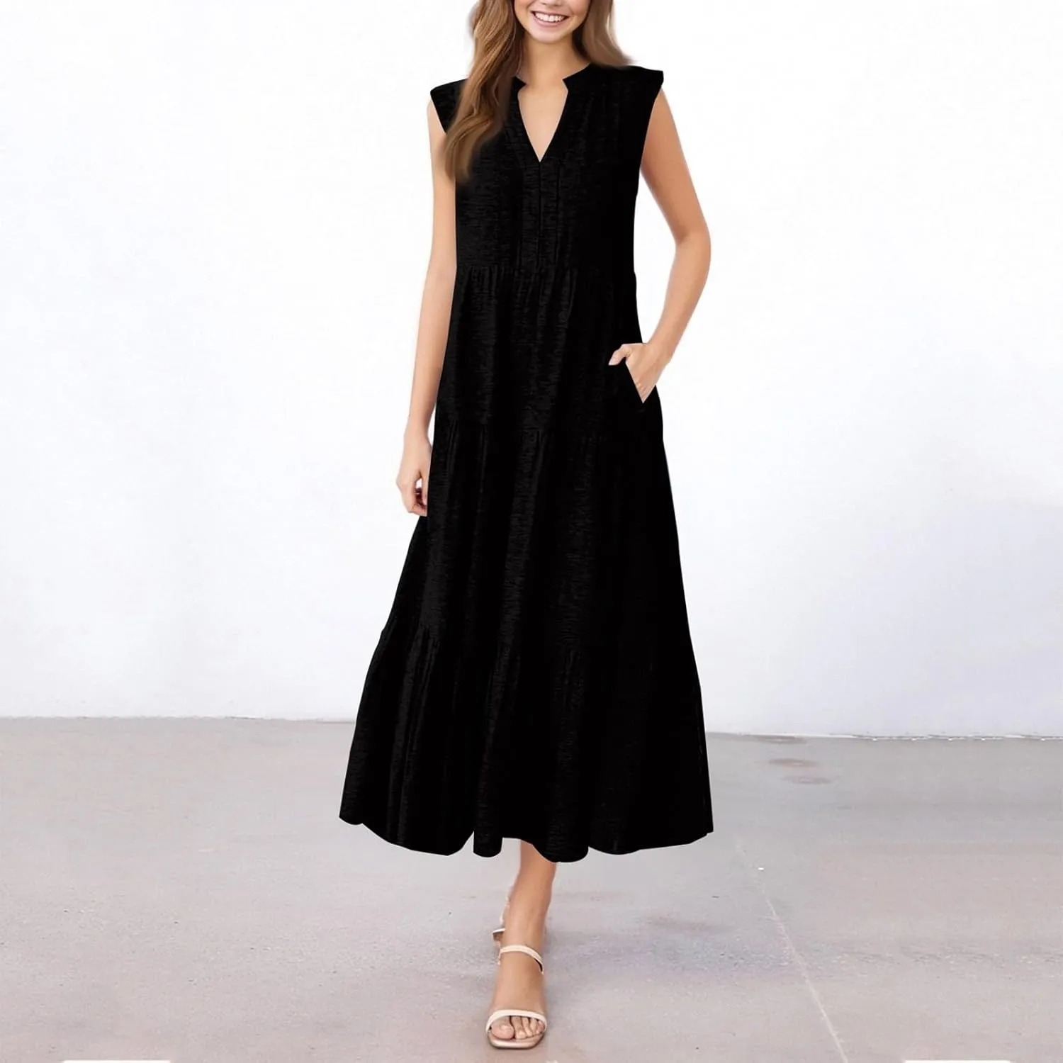Summer Dresses for Women 2025 Casual Floral Boho Maxi Sundresses Sleeveless V Neck Pleated Beach Vacation Tank Dress