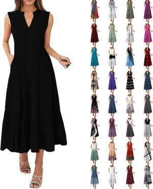 Summer Dresses for Women 2025 Casual Floral Boho Maxi Sundresses Sleeveless V Neck Pleated Beach Vacation Tank Dress