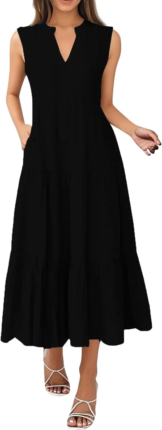 Summer Dresses for Women 2025 Casual Floral Boho Maxi Sundresses Sleeveless V Neck Pleated Beach Vacation Tank Dress
