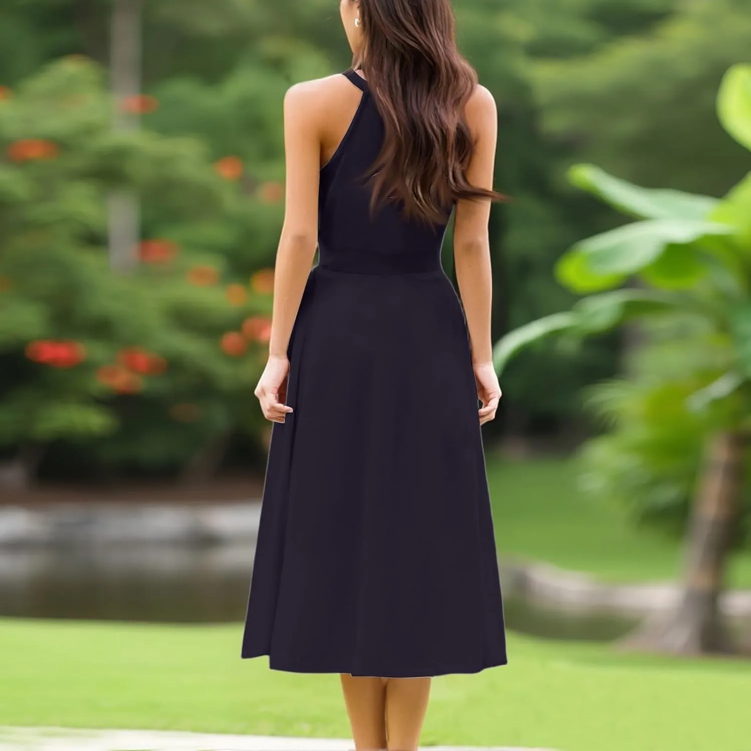 Summer Dresses for Women 2025 Casual Round Neck Midi Dress Sleeveless Tie Waist Loose Boho Summer Beach Sundress