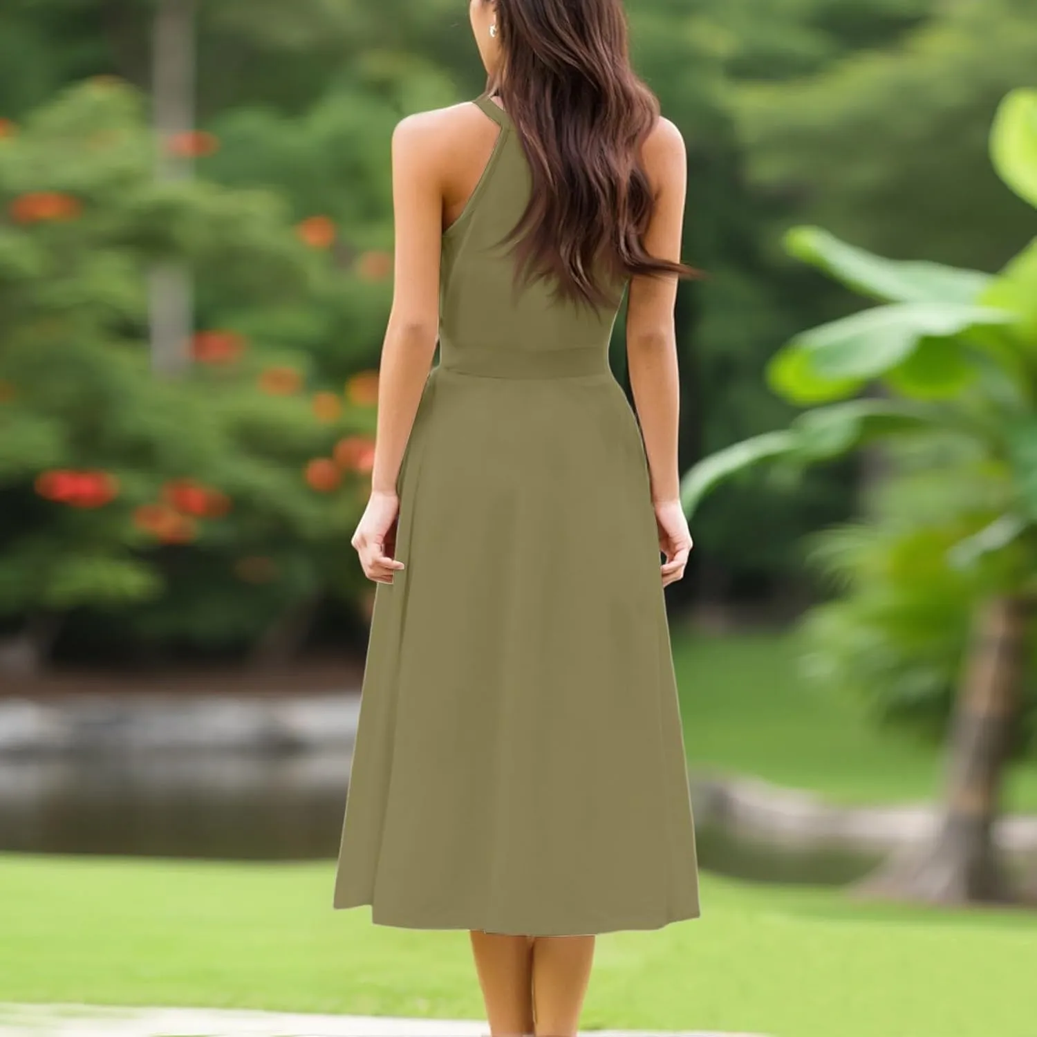 Summer Dresses for Women 2025 Casual Round Neck Midi Dress Sleeveless Tie Waist Loose Boho Summer Beach Sundress