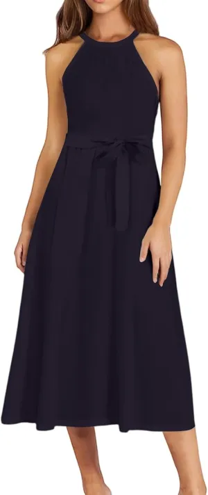 Summer Dresses for Women 2025 Casual Round Neck Midi Dress Sleeveless Tie Waist Loose Boho Summer Beach Sundress