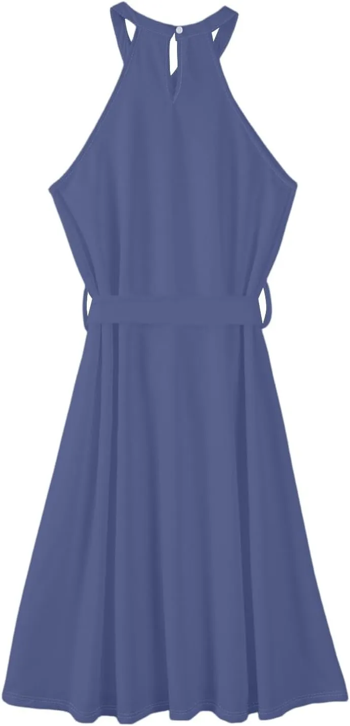 Summer Dresses for Women 2025 Casual Round Neck Midi Dress Sleeveless Tie Waist Loose Boho Summer Beach Sundress