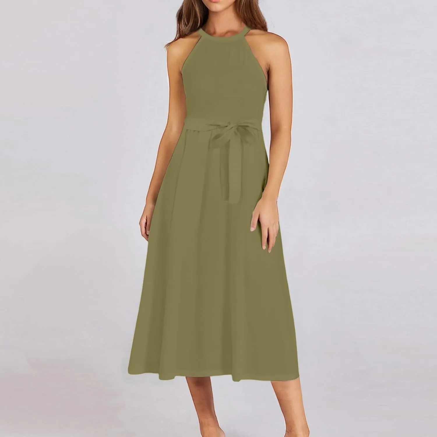 Summer Dresses for Women 2025 Casual Round Neck Midi Dress Sleeveless Tie Waist Loose Boho Summer Beach Sundress