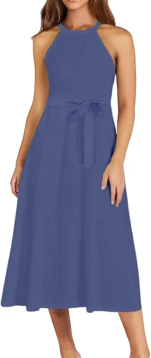 Summer Dresses for Women 2025 Casual Round Neck Midi Dress Sleeveless Tie Waist Loose Boho Summer Beach Sundress