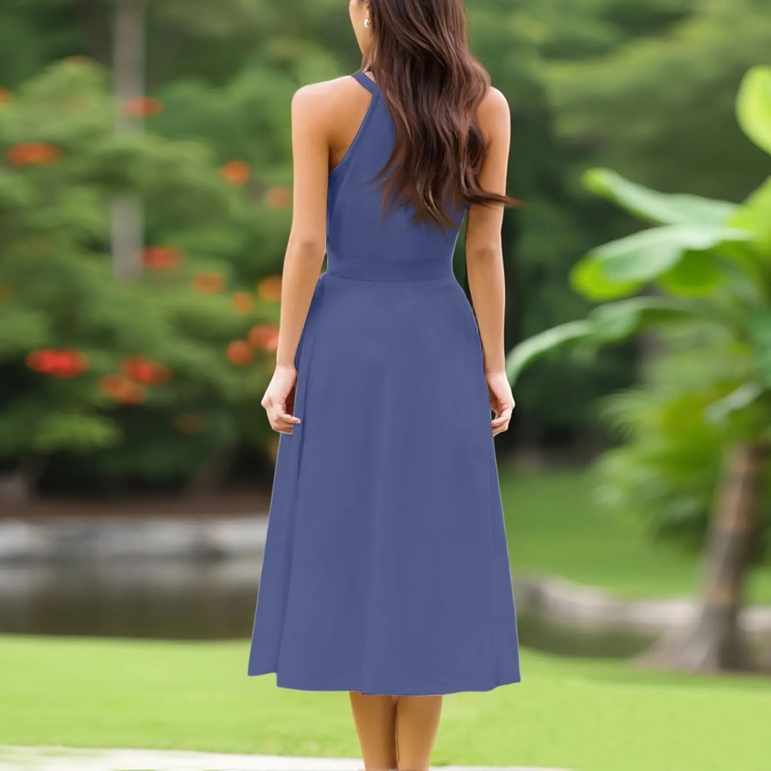 Summer Dresses for Women 2025 Casual Round Neck Midi Dress Sleeveless Tie Waist Loose Boho Summer Beach Sundress