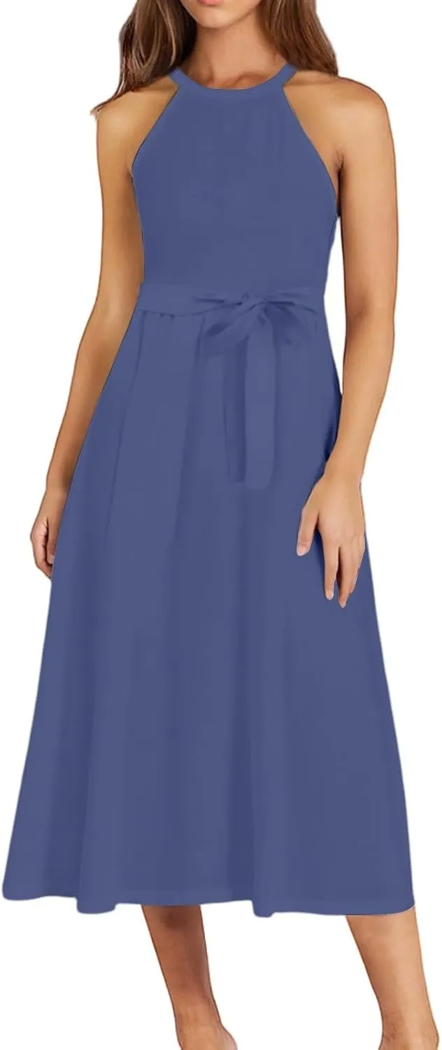 Summer Dresses for Women 2025 Casual Round Neck Midi Dress Sleeveless Tie Waist Loose Boho Summer Beach Sundress