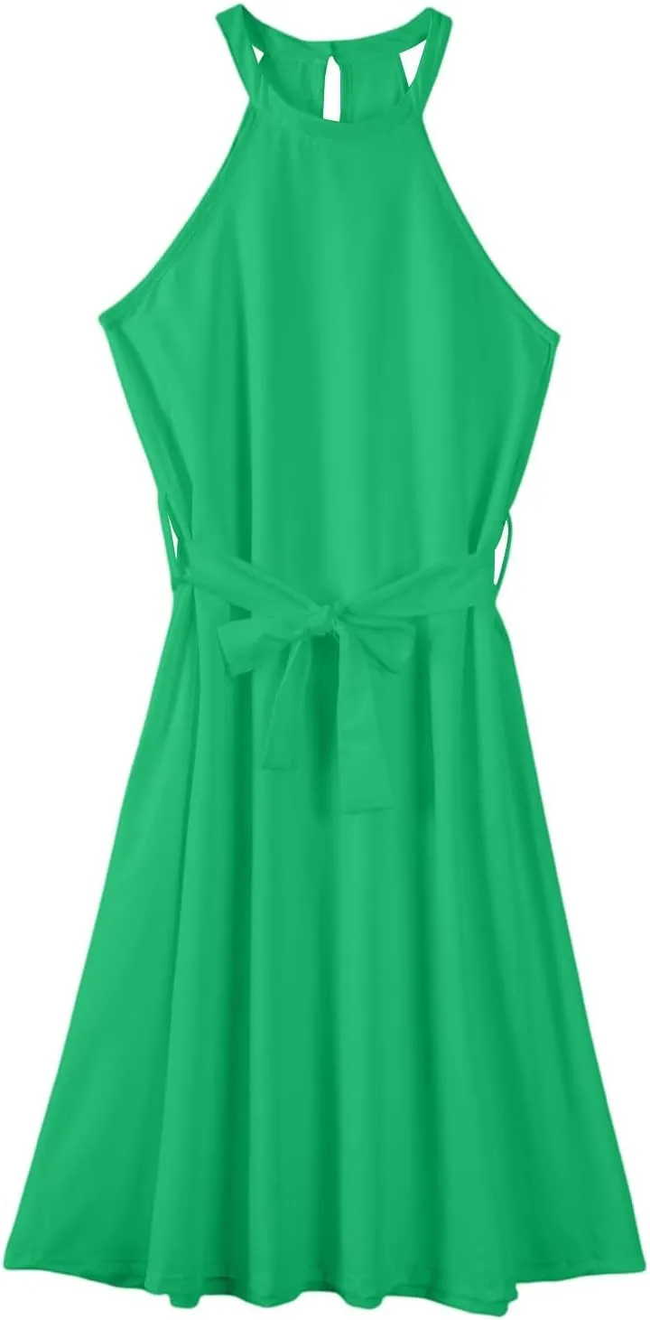 Summer Dresses for Women 2025 Casual Round Neck Midi Dress Sleeveless Tie Waist Loose Boho Summer Beach Sundress