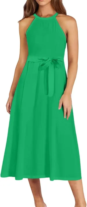 Summer Dresses for Women 2025 Casual Round Neck Midi Dress Sleeveless Tie Waist Loose Boho Summer Beach Sundress