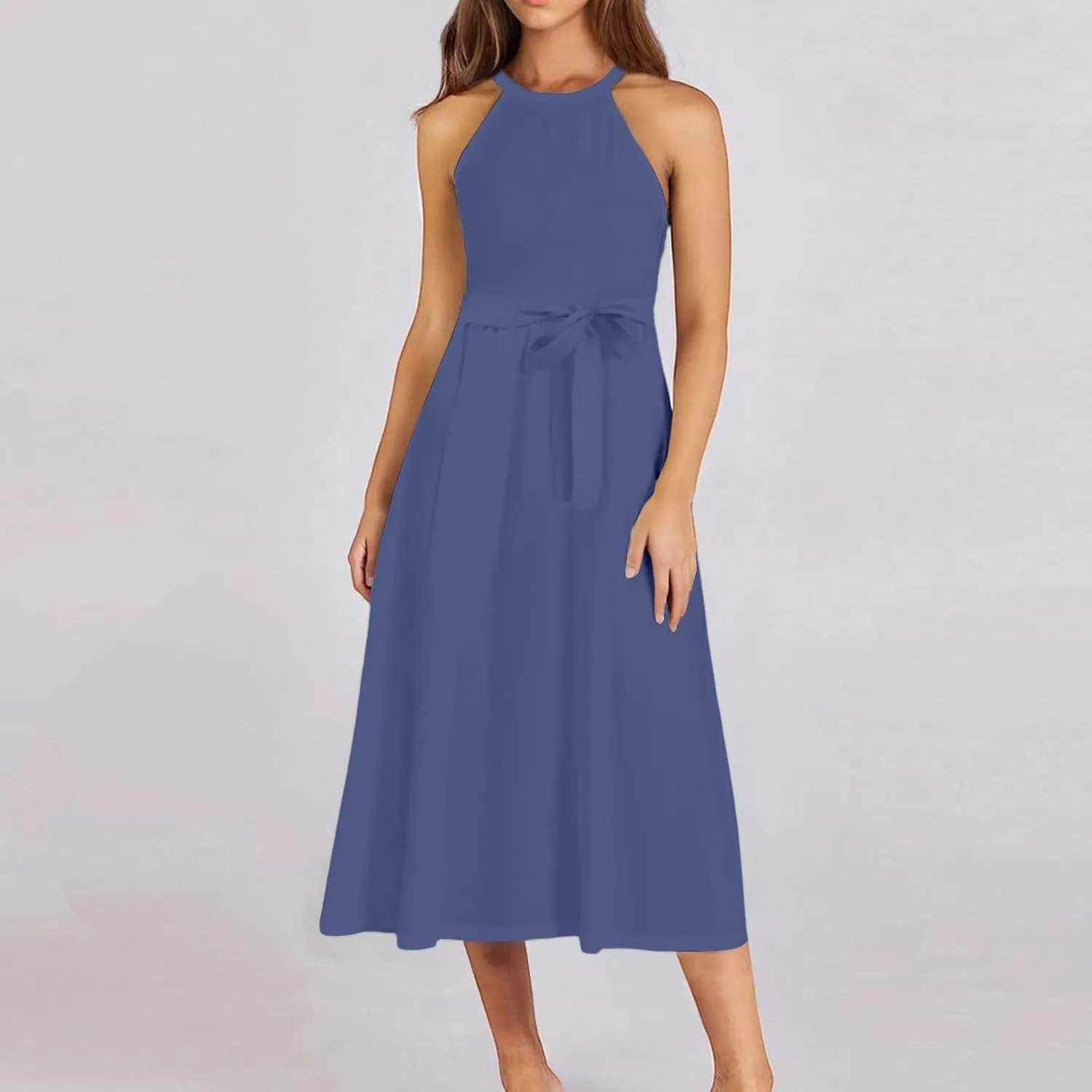 Summer Dresses for Women 2025 Casual Round Neck Midi Dress Sleeveless Tie Waist Loose Boho Summer Beach Sundress