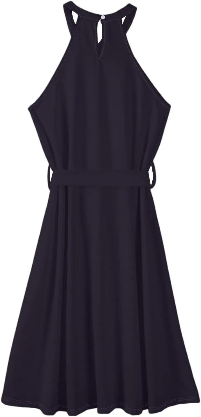 Summer Dresses for Women 2025 Casual Round Neck Midi Dress Sleeveless Tie Waist Loose Boho Summer Beach Sundress