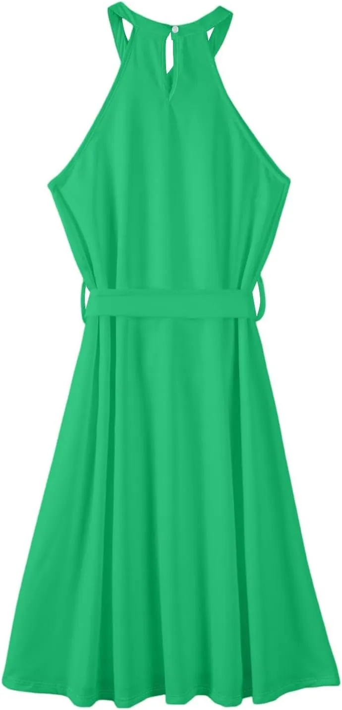 Summer Dresses for Women 2025 Casual Round Neck Midi Dress Sleeveless Tie Waist Loose Boho Summer Beach Sundress