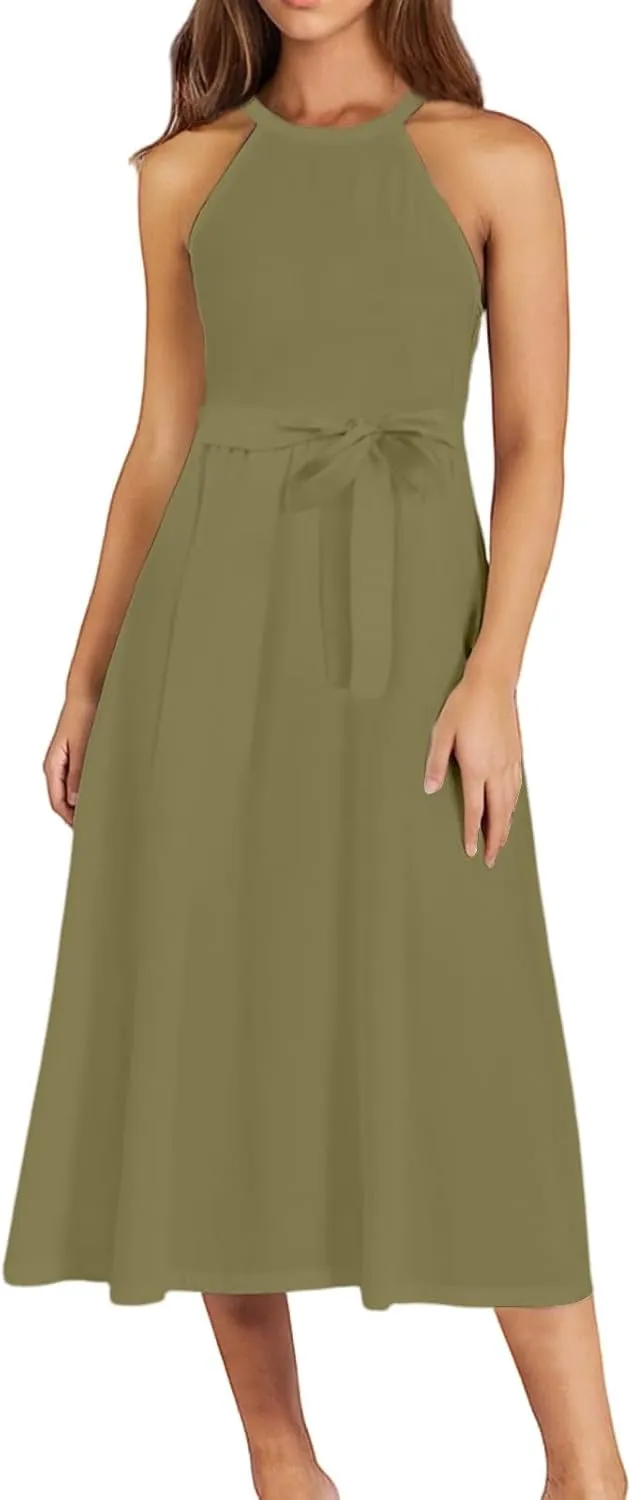 Summer Dresses for Women 2025 Casual Round Neck Midi Dress Sleeveless Tie Waist Loose Boho Summer Beach Sundress