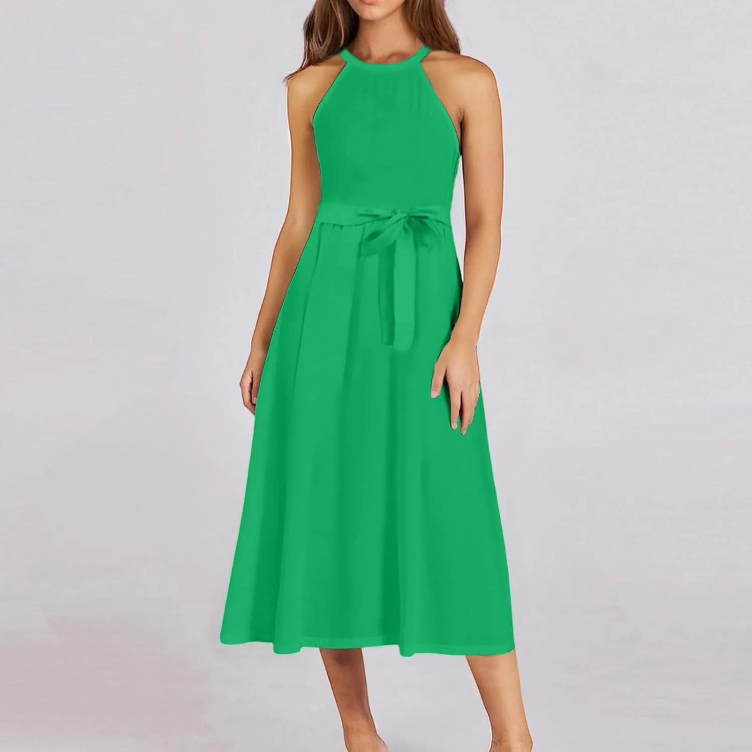 Summer Dresses for Women 2025 Casual Round Neck Midi Dress Sleeveless Tie Waist Loose Boho Summer Beach Sundress