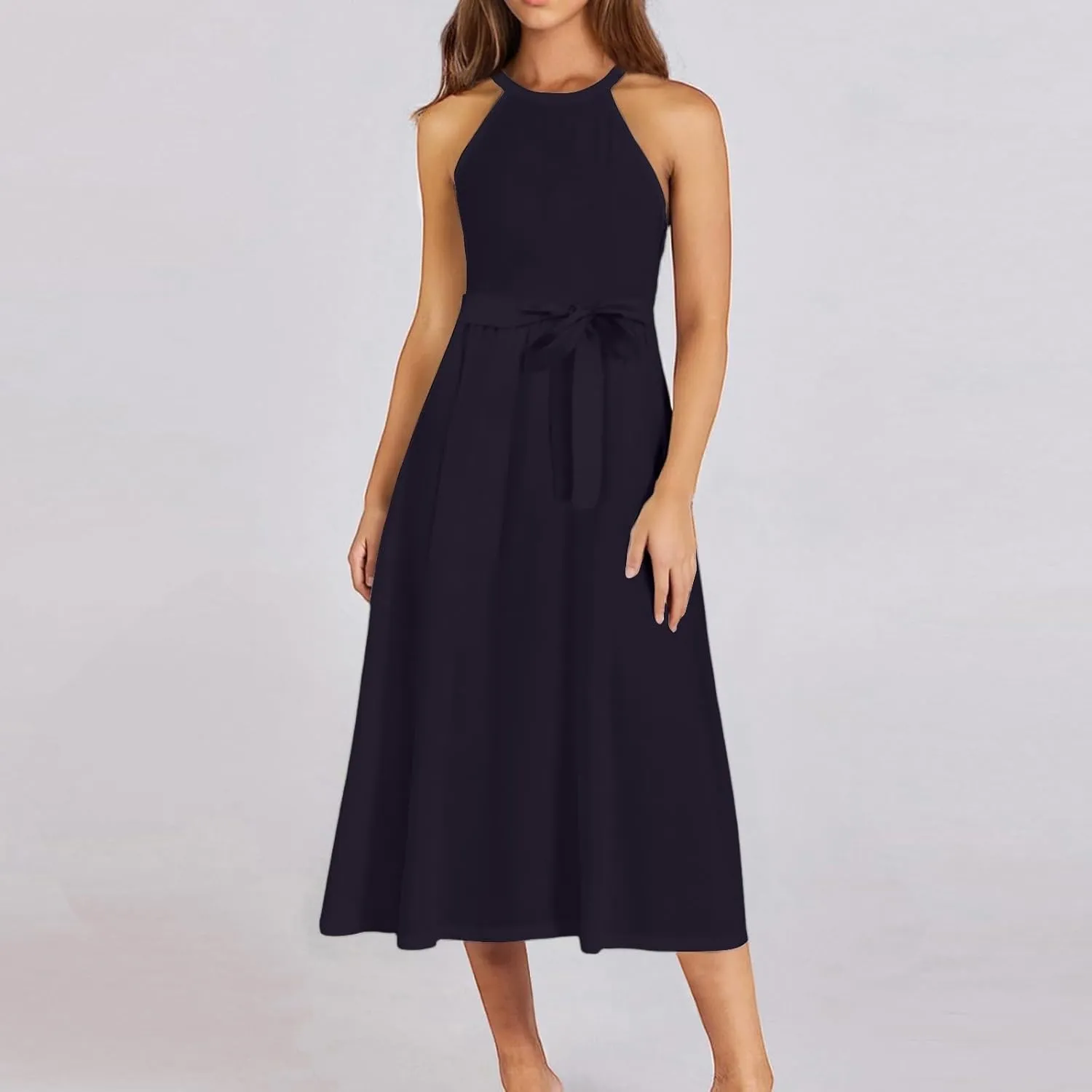 Summer Dresses for Women 2025 Casual Round Neck Midi Dress Sleeveless Tie Waist Loose Boho Summer Beach Sundress