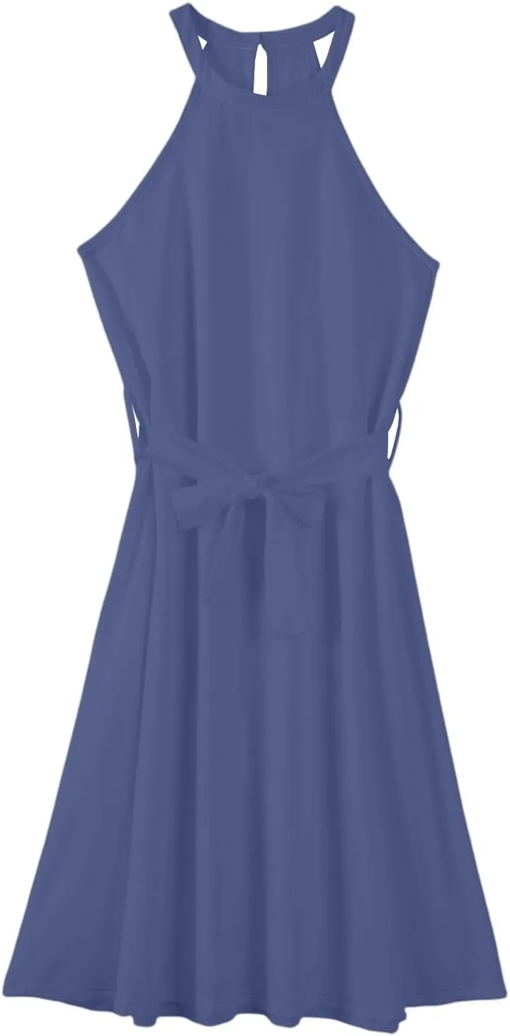 Summer Dresses for Women 2025 Casual Round Neck Midi Dress Sleeveless Tie Waist Loose Boho Summer Beach Sundress