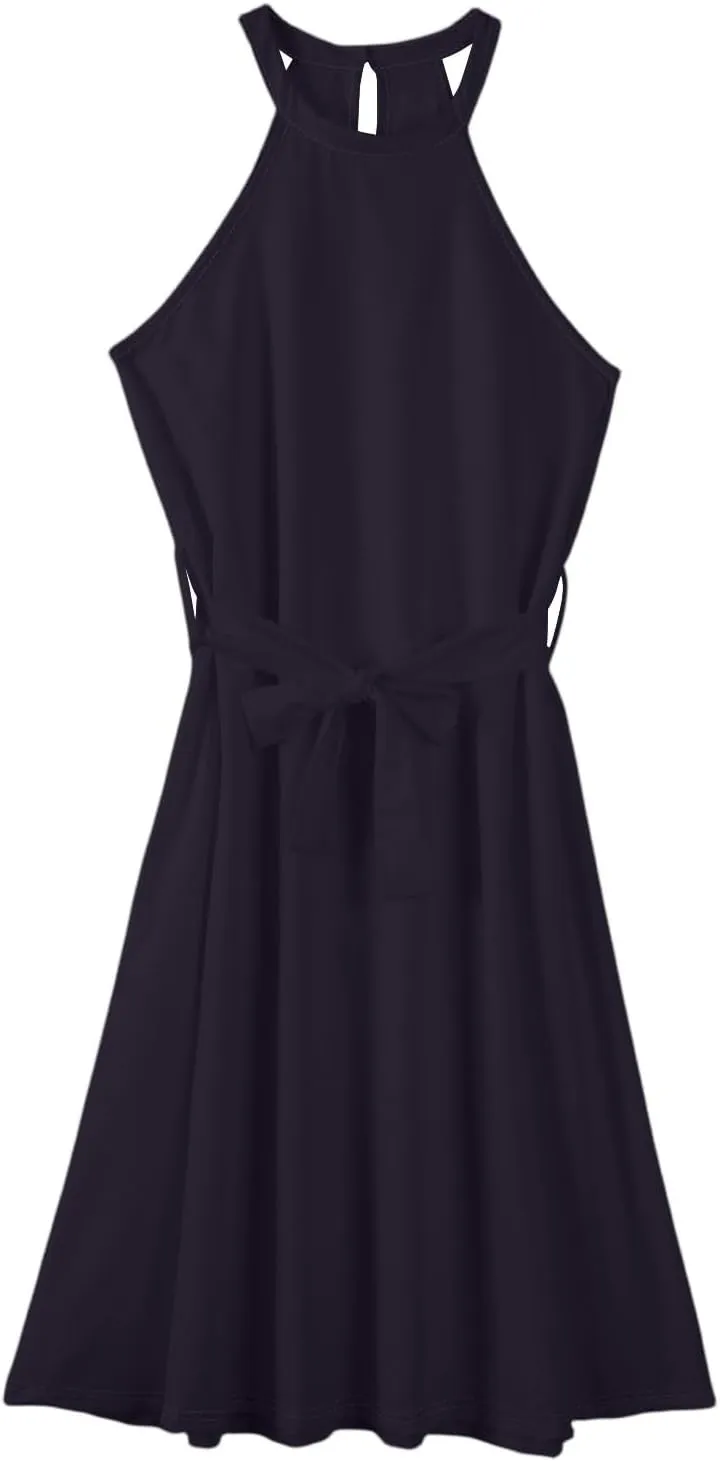 Summer Dresses for Women 2025 Casual Round Neck Midi Dress Sleeveless Tie Waist Loose Boho Summer Beach Sundress