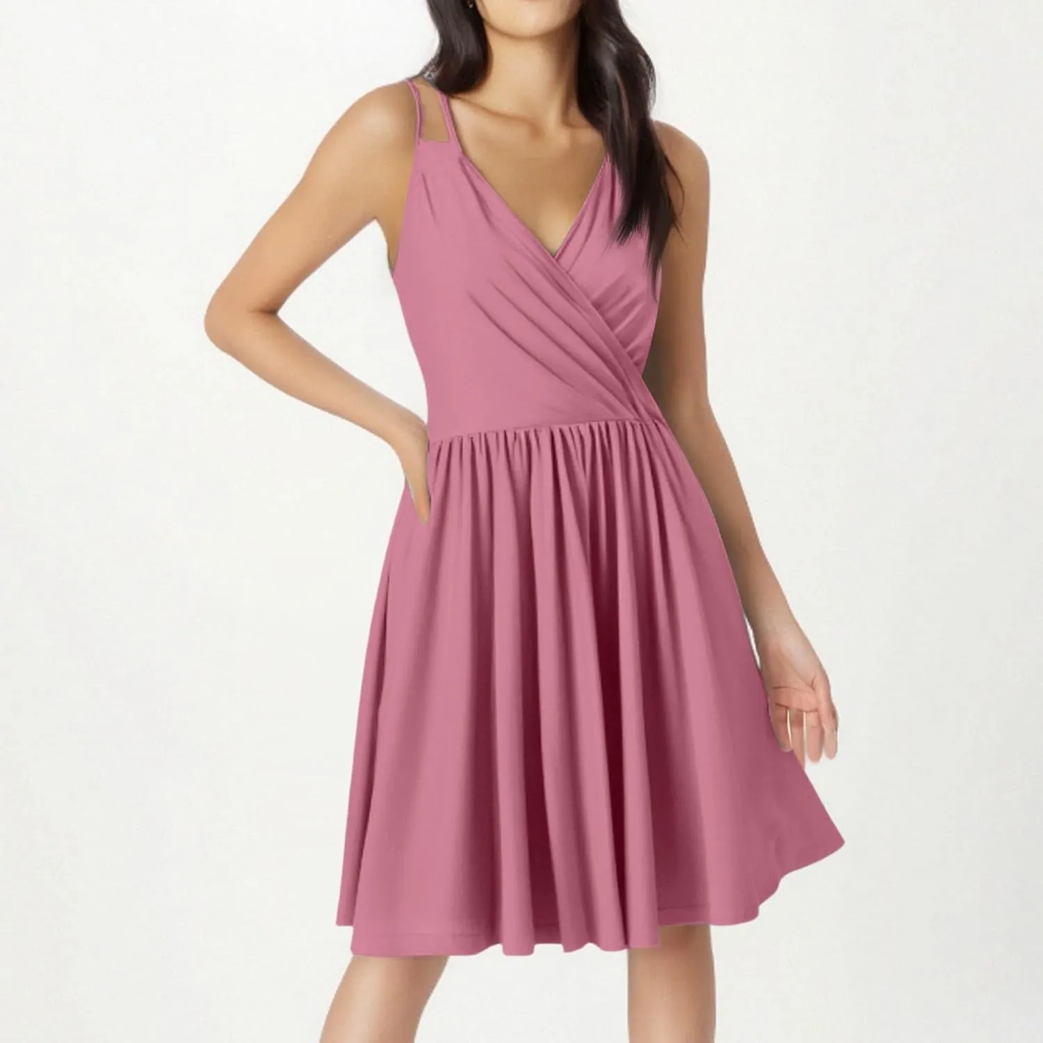 Summer Dresses for Women 2025 Casual V-Neck Spaghetti Strap Sleeveless Ruffle Flowy Mini Beach Dress
