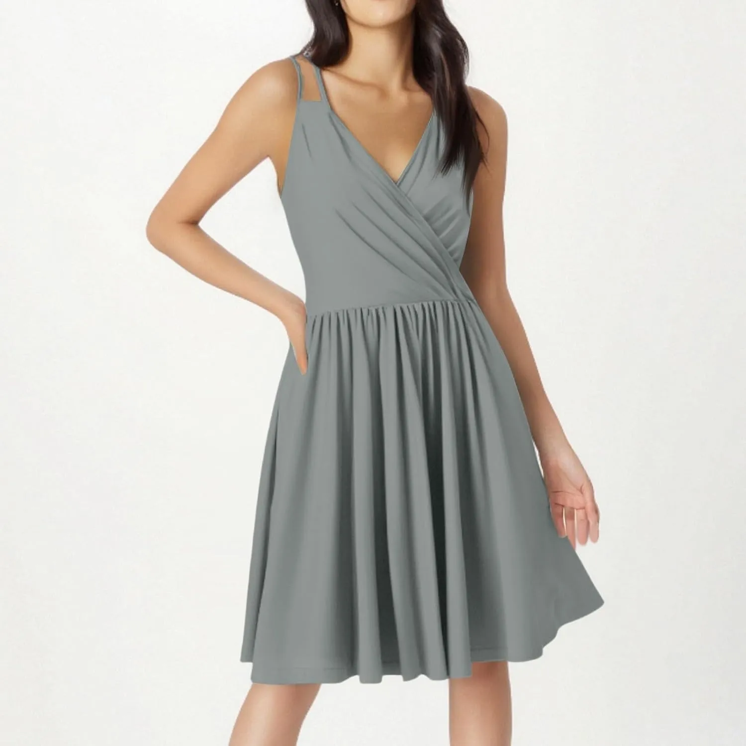 Summer Dresses for Women 2025 Casual V-Neck Spaghetti Strap Sleeveless Ruffle Flowy Mini Beach Dress