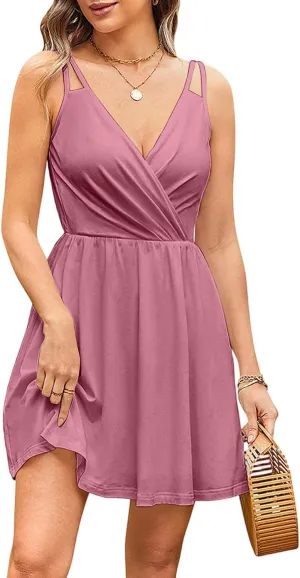Summer Dresses for Women 2025 Casual V-Neck Spaghetti Strap Sleeveless Ruffle Flowy Mini Beach Dress