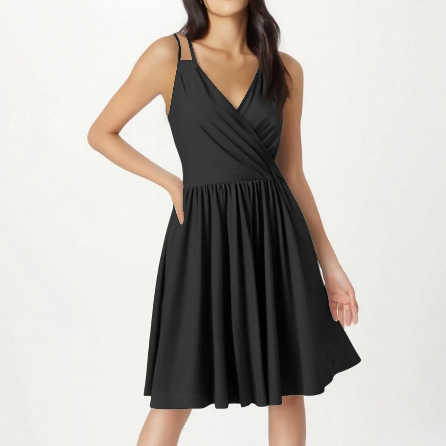 Summer Dresses for Women 2025 Casual V-Neck Spaghetti Strap Sleeveless Ruffle Flowy Mini Beach Dress