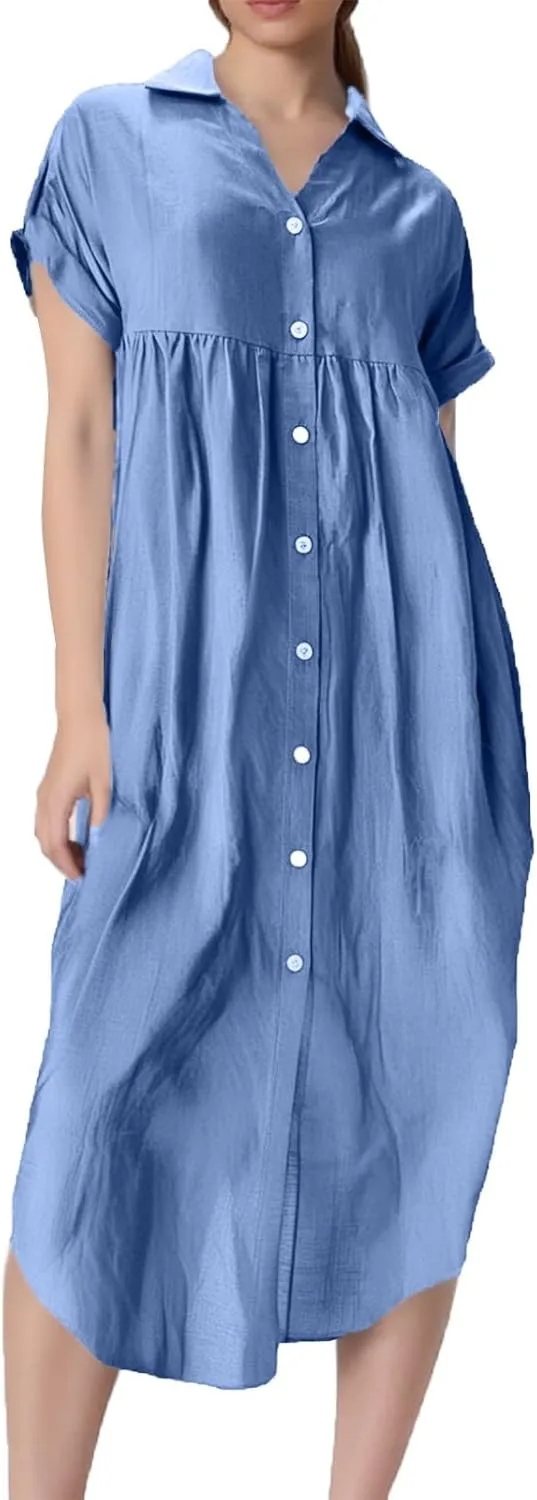 Summer Dresses for Women 2025 Fashion Loose Temperament Casual Solid Color Button Mid-Length Dress