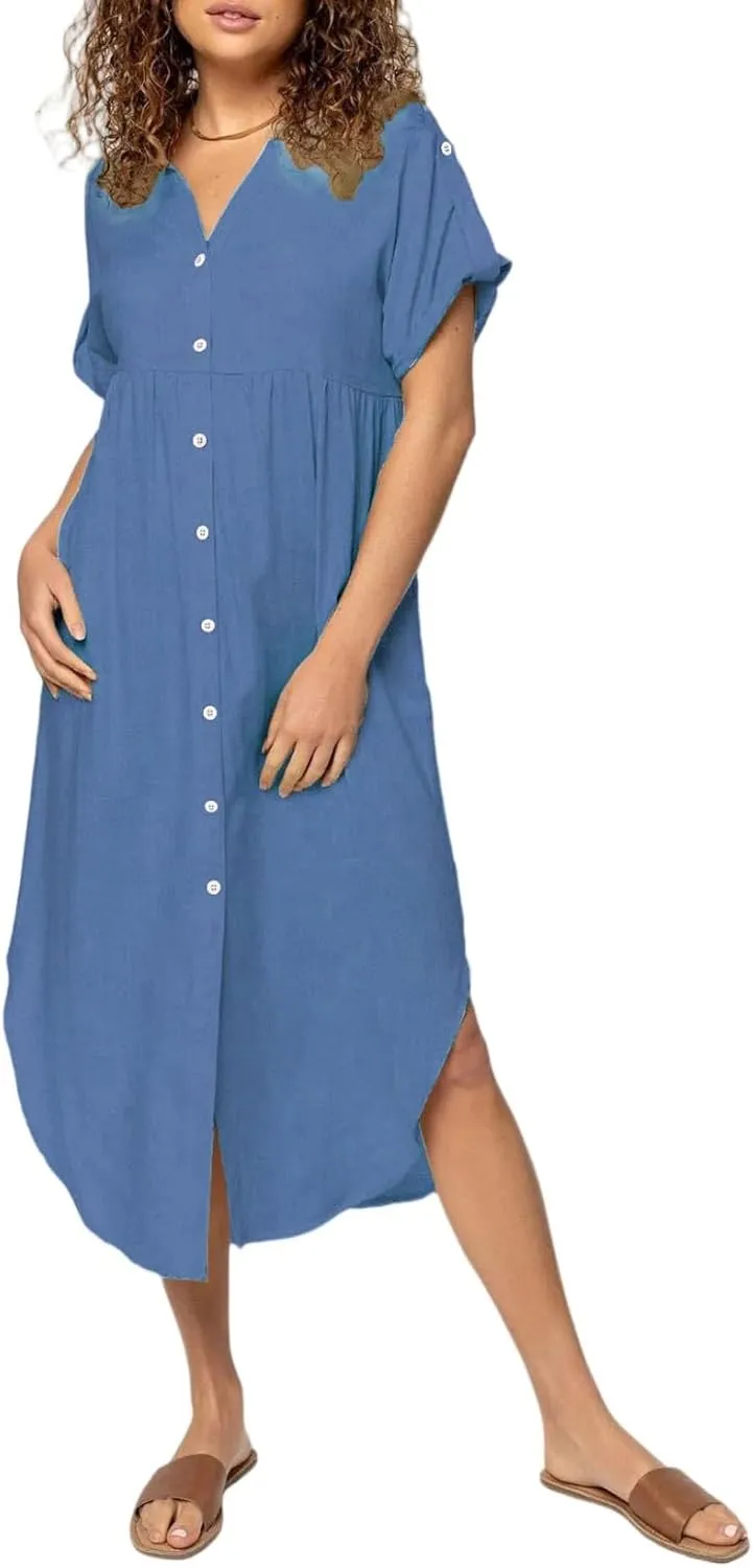 Summer Dresses for Women 2025 Fashion Loose Temperament Casual Solid Color Button Mid-Length Dress
