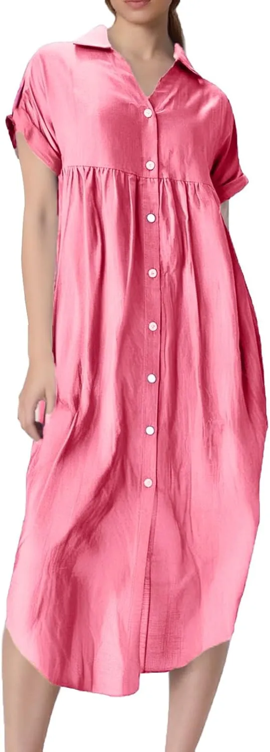 Summer Dresses for Women 2025 Fashion Loose Temperament Casual Solid Color Button Mid-Length Dress
