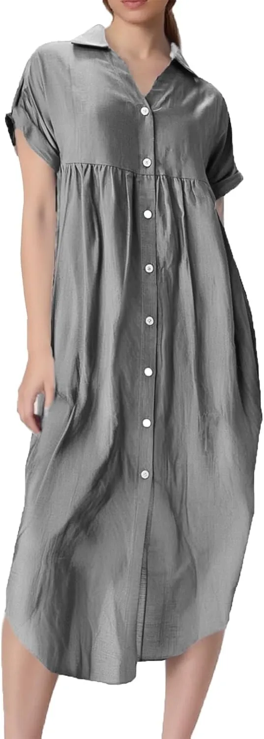 Summer Dresses for Women 2025 Fashion Loose Temperament Casual Solid Color Button Mid-Length Dress
