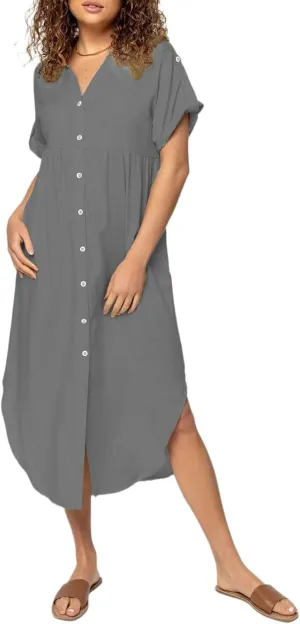 Summer Dresses for Women 2025 Fashion Loose Temperament Casual Solid Color Button Mid-Length Dress