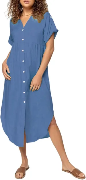 Summer Dresses for Women 2025 Fashion Loose Temperament Casual Solid Color Button Mid-Length Dress