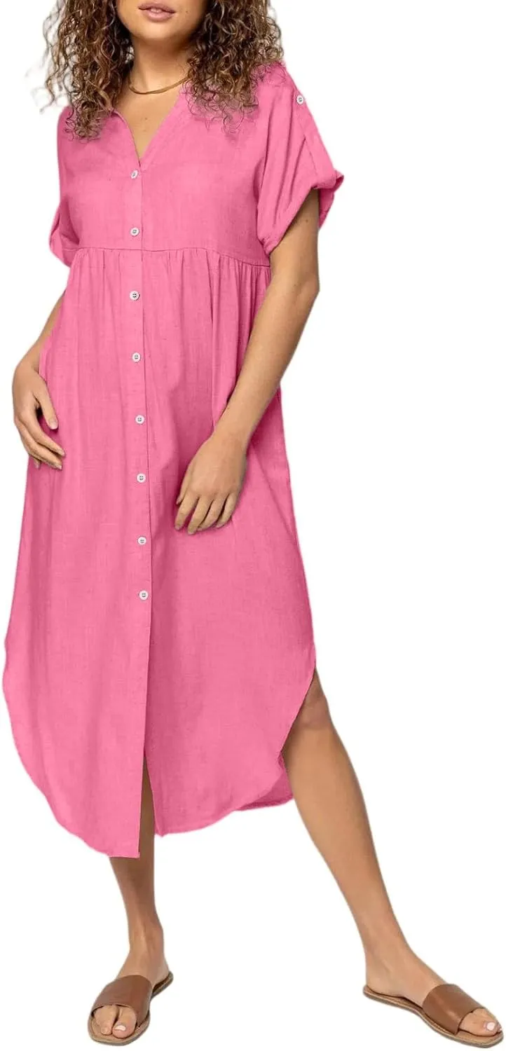 Summer Dresses for Women 2025 Fashion Loose Temperament Casual Solid Color Button Mid-Length Dress