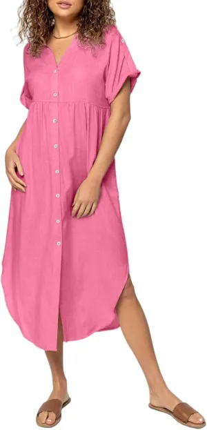 Summer Dresses for Women 2025 Fashion Loose Temperament Casual Solid Color Button Mid-Length Dress