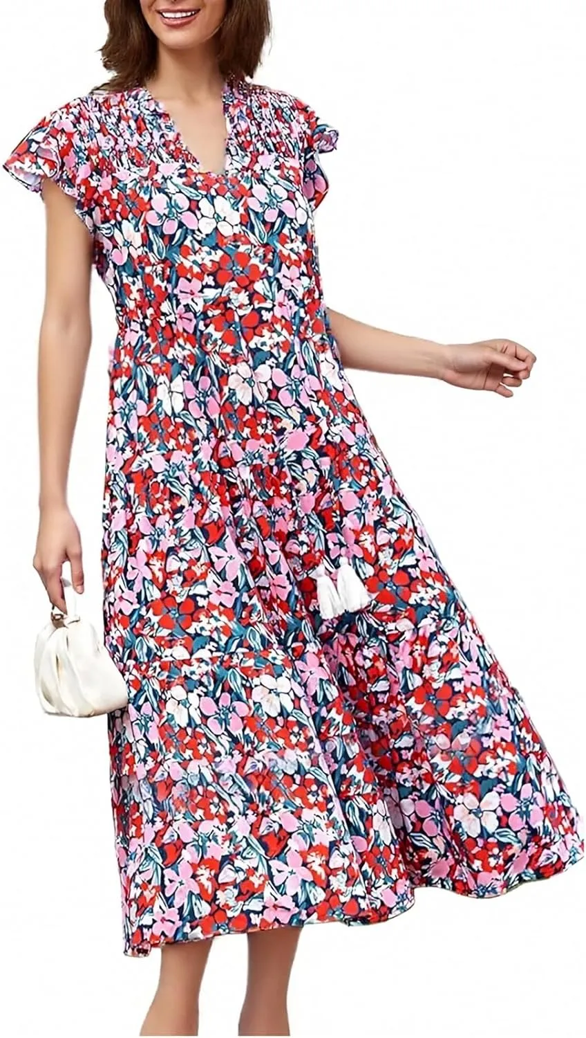 Summer Dresses for Women 2025 Floral Flutter Sleeve Wedding Guest Dresses V Neck Ruffle Tiered Long Flowy Maxi Dress
