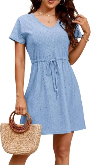 Summer Dresses for Women 2025 Floral Wrap V Neck Puff Short Sleeve Ruffle Beach Resort Short Mini Dresses