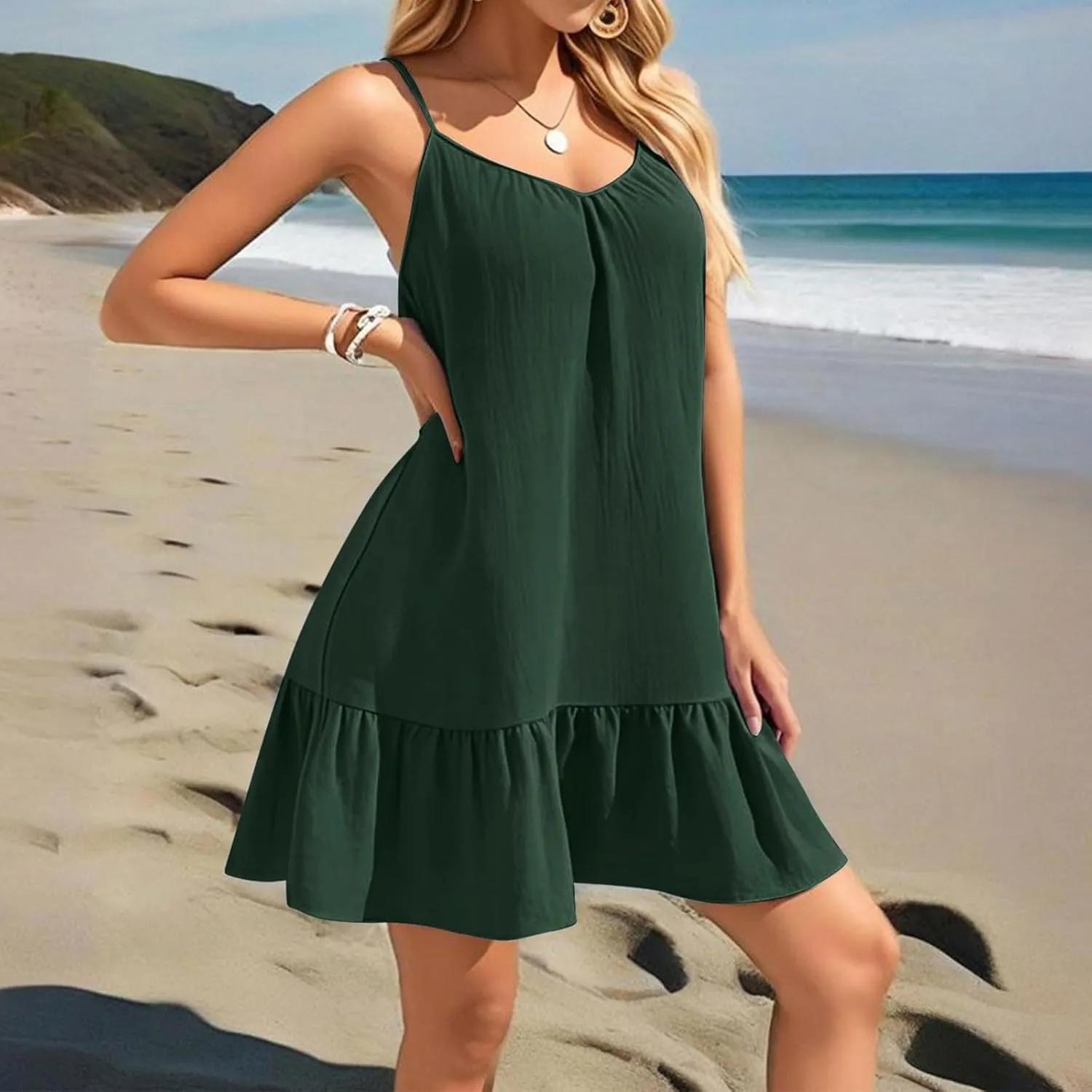 Summer Dresses for Women 2025 Scoop Neck Backless Sleeveless Ruffle Hem Flowy Swing A-Line Summer Mini Dress