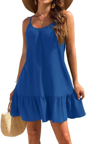Summer Dresses for Women 2025 Scoop Neck Backless Sleeveless Ruffle Hem Flowy Swing A-Line Summer Mini Dress