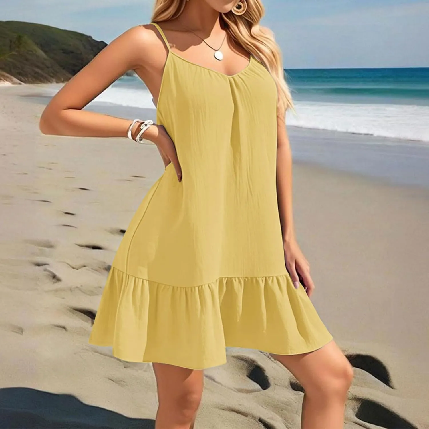 Summer Dresses for Women 2025 Scoop Neck Backless Sleeveless Ruffle Hem Flowy Swing A-Line Summer Mini Dress