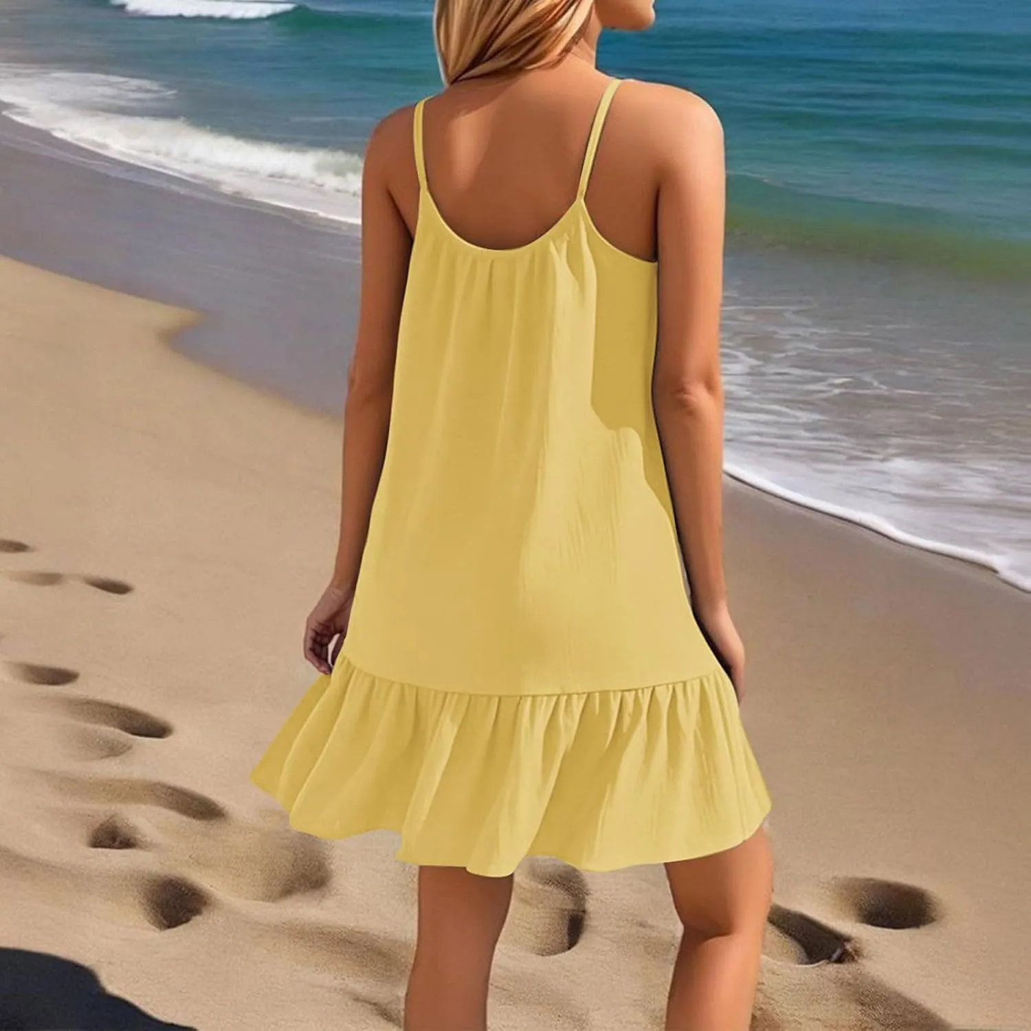 Summer Dresses for Women 2025 Scoop Neck Backless Sleeveless Ruffle Hem Flowy Swing A-Line Summer Mini Dress