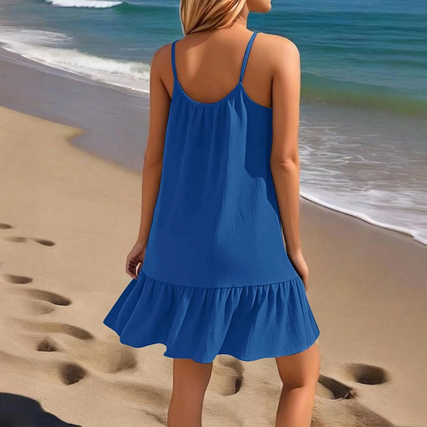 Summer Dresses for Women 2025 Scoop Neck Backless Sleeveless Ruffle Hem Flowy Swing A-Line Summer Mini Dress