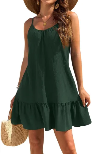 Summer Dresses for Women 2025 Scoop Neck Backless Sleeveless Ruffle Hem Flowy Swing A-Line Summer Mini Dress