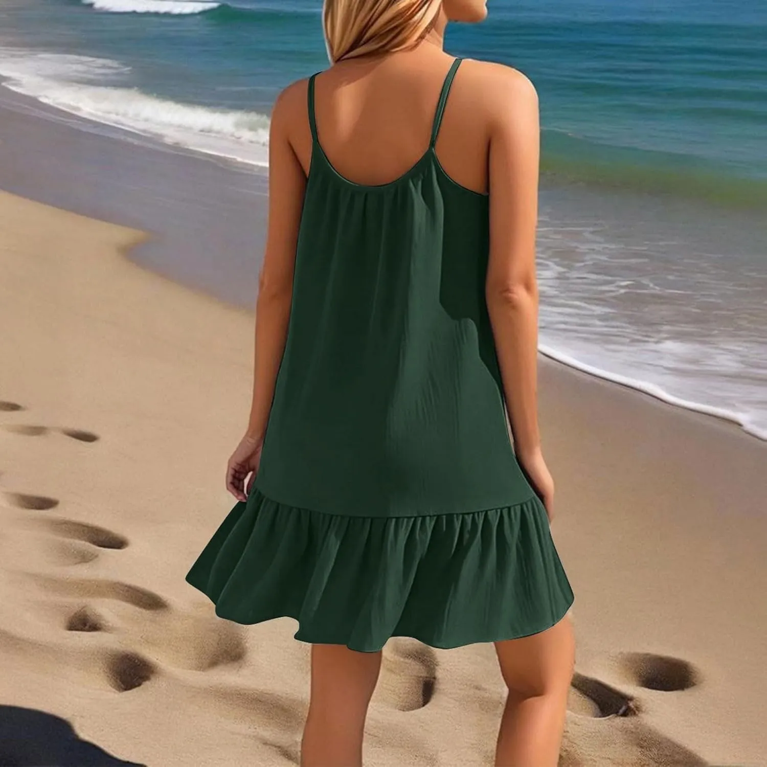 Summer Dresses for Women 2025 Scoop Neck Backless Sleeveless Ruffle Hem Flowy Swing A-Line Summer Mini Dress
