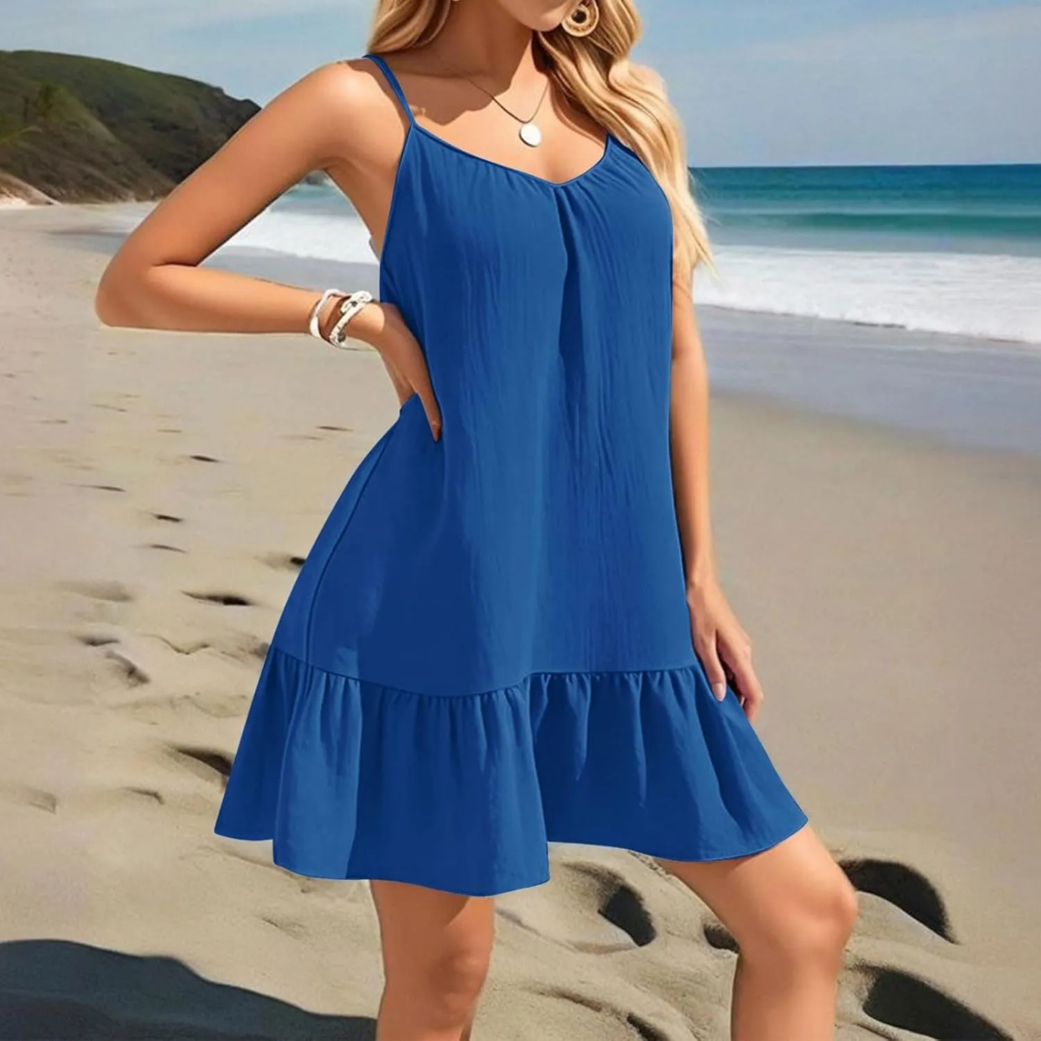 Summer Dresses for Women 2025 Scoop Neck Backless Sleeveless Ruffle Hem Flowy Swing A-Line Summer Mini Dress
