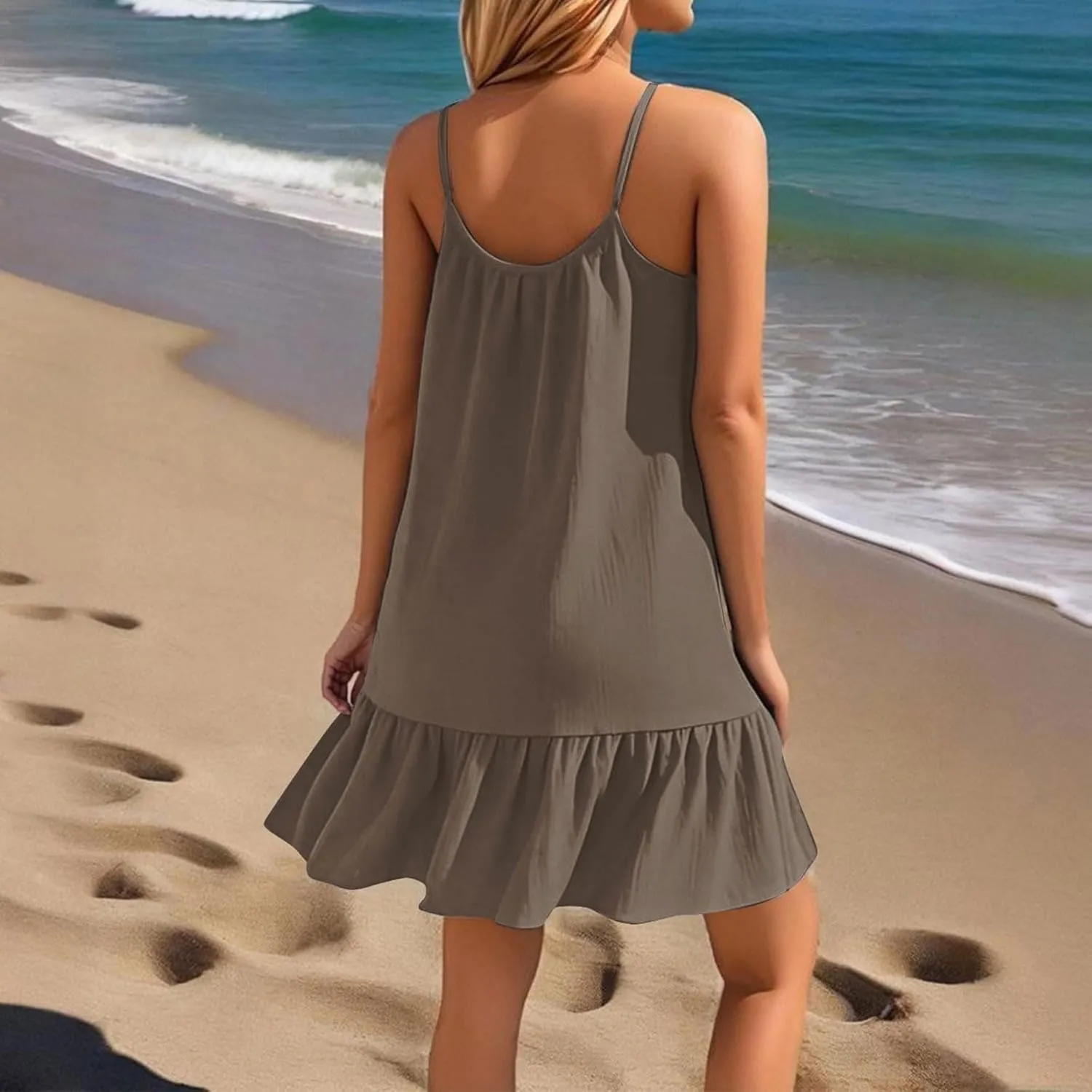Summer Dresses for Women 2025 Scoop Neck Backless Sleeveless Ruffle Hem Flowy Swing A-Line Summer Mini Dress